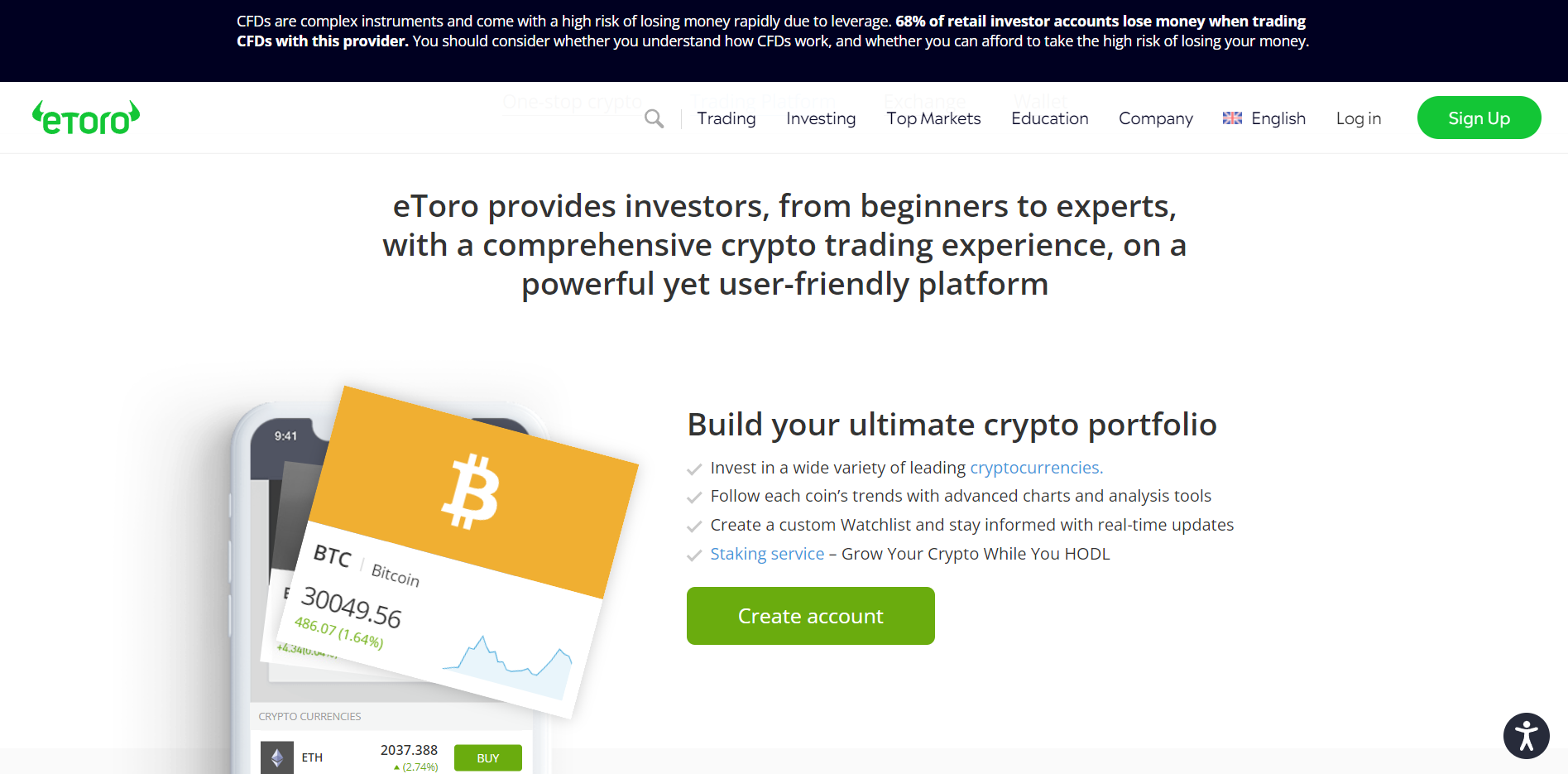 Page d'accueil d'eToro