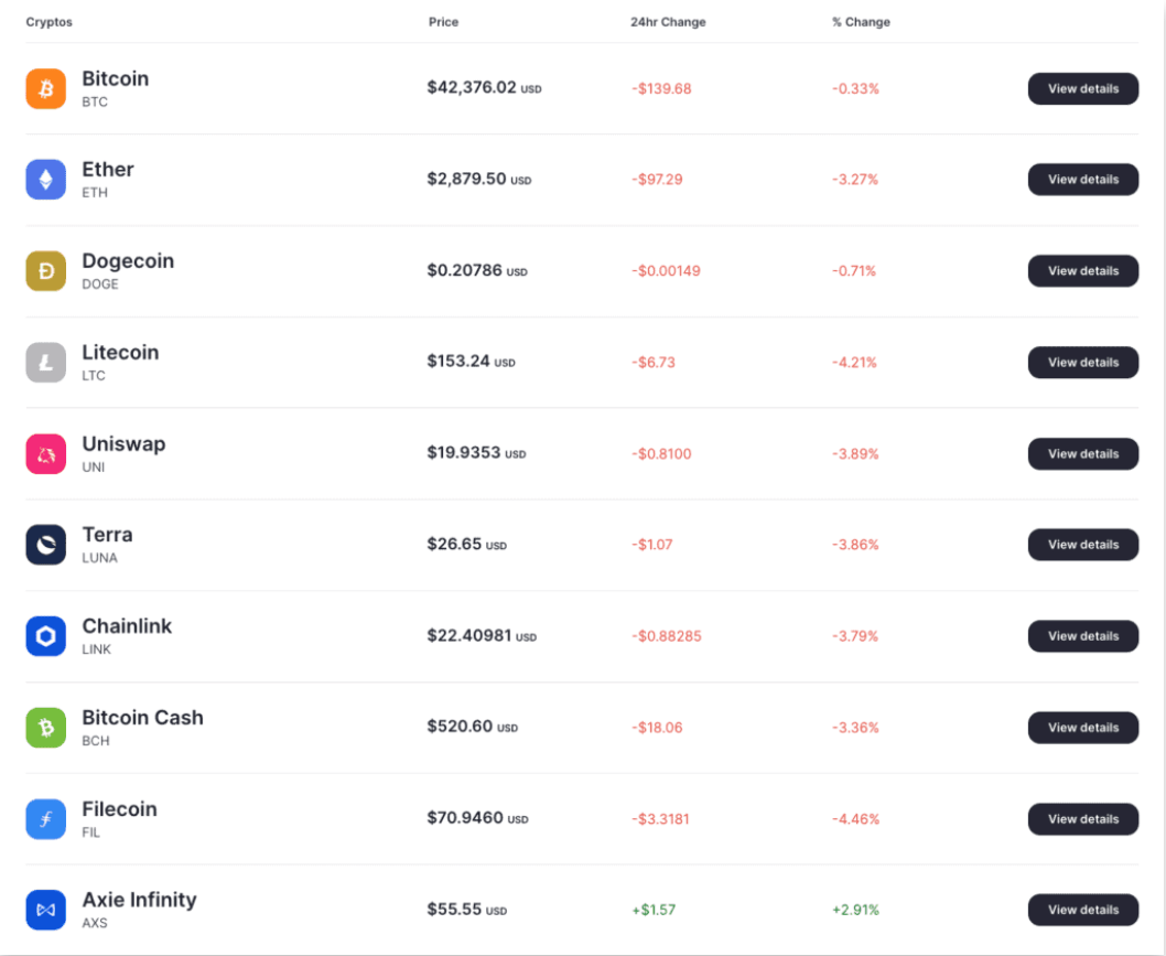 Variedade de criptomoedas Gemini